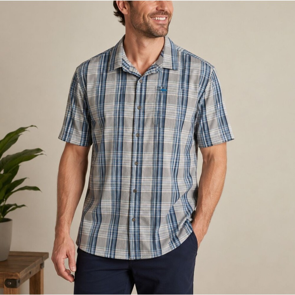 TravisMathew Men's Blue Gray Plaid Button Front Shirt Cotton Blend XL